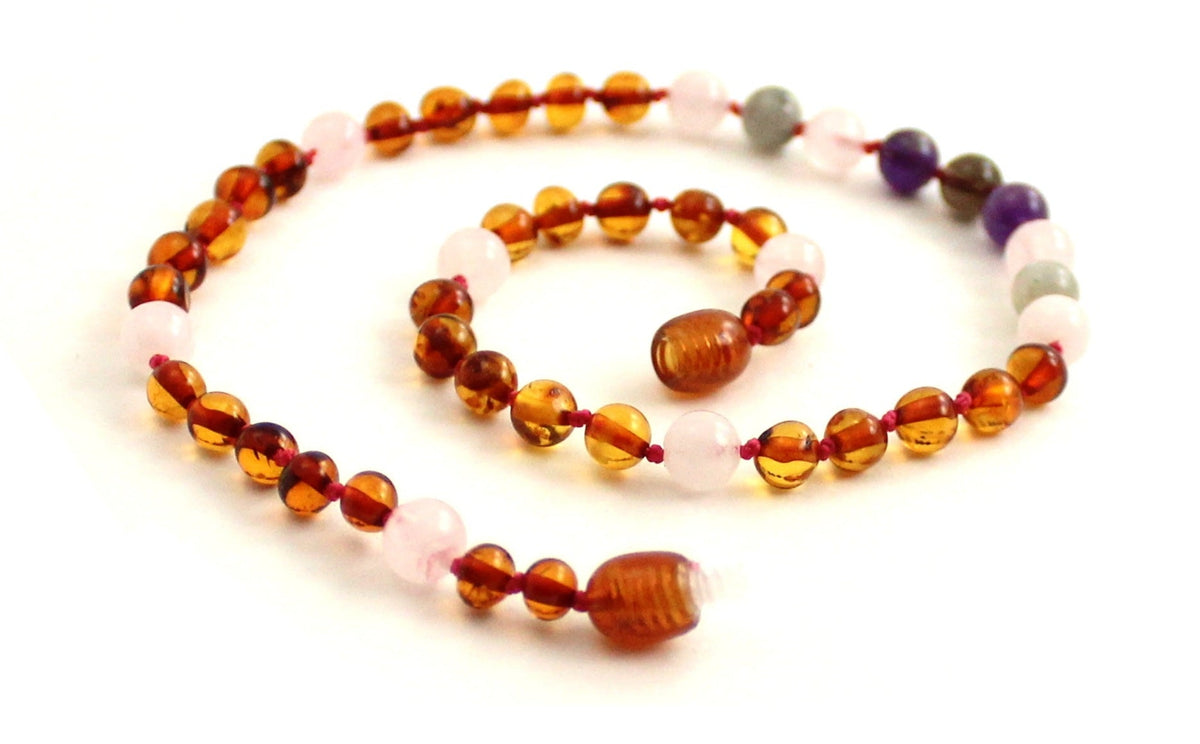Amber Cognac Polished and Rose Quartz Necklace With Gems